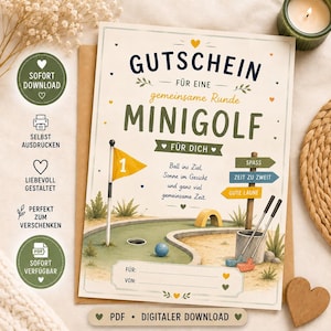 Könnte beinhalten: Ein druckbarer Gutschein für eine Runde Minigolf. Das Design zeigt eine Minigolfplatz-Illustration mit Fahne, Ball und Schlägern. Der Text enthält "GUTSCHEIN" und "MINIGOLF".