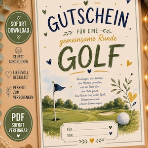 Könnte beinhalten: Ein rechteckiger Gutschein mit dem Text GUTSCHEIN FÜR EINE gemeinsame Runde GOLF, einer Illustration eines Golfplatzes mit Fahne und Ball sowie Leerzeilen für Namen. Das Design enthält kleine Herzen und dekorative Pflanzenelemente.