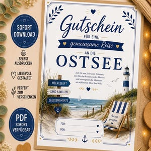 May include: A rectangular gift voucher for a trip to the Baltic Sea featuring a coastal scene with a lighthouse, a beach chair, and a signpost. The text includes Gutschein für eine gemeinsame Reise an die Ostsee, with blank lines for names.