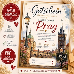 Könnte beinhalten: Ein ausdruckbarer Gutschein für einen Städtetrip nach Prag mit einer Illustration der Karlsbrücke, einer Straßenlaterne, historischer Architektur und dem Text Gutschein für eine unvergessliche Städtetrip nach Prag und Praha.