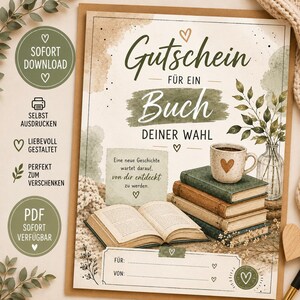 Op de afbeelding: Een cadeaubon voor een boek met de Duitse tekst Gutschein für ein Buch deiner Wahl, een open boek, een stapel van drie boeken, een mok met een hartje en een glazen vaas met bladeren. Het ontwerp bevat decoratieve hartjes en lijnen.