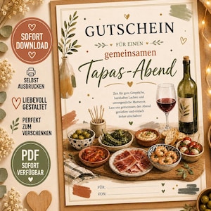 Op de afbeelding: Een rechthoekige cadeaubon met de tekst GUTSCHEIN FÜR EINEN gemeinsamen Tapas-Abend, omringd door illustraties van een wijnfles, een glas rode wijn en diverse schaaltjes met tapas op een houten plank, versierd met hartjes en blaadjes.