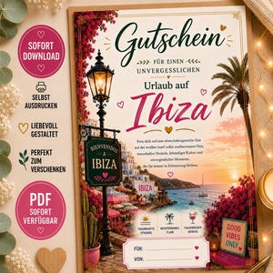 Può includere: Un buono regalo rettangolare per una vacanza a Ibiza con un lampione vintage, bouganville rosa e un paesaggio costiero. Il testo include Gutschein, Ibiza e Good Vibes Only. Presenta campi per i nomi del destinatario e del mittente.