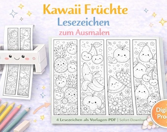 Kawaii fruit boekenleggers om in te kleuren | Leuke fruit boekenleggers voor kinderen | Set kleurboekenleggers | Zelf boekenleggers maken | Kleurplaat PDF