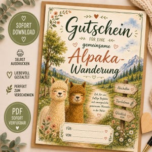 Pode incluir: Um vale-presente retangular com uma ilustração em aquarela de duas alpacas em uma paisagem montanhosa. O texto diz Gutschein für eine gemeinsame Alpaka-Wanderung, com texto adicional em alemão, detalhes florais e uma placa de madeira.