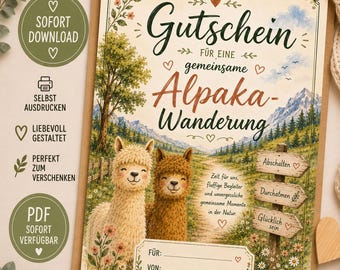 Gutschein Alpaka Wanderung zum Ausdrucken | Alpaka Erlebnis verschenken | Tiererlebnis Gutschein | Geschenk für Tierliebhaber | PDF Vorlage