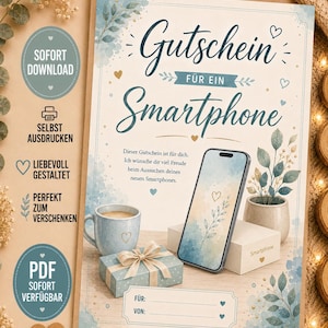 May include: A gift voucher for a smartphone featuring blue watercolour botanical illustrations, a mug, a gift box, and a smartphone graphic. The text reads Gutschein für ein Smartphone, with fields for Für and Von. Includes icons for download and print.