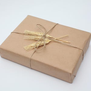 May include: A rectangular package wrapped in brown paper, tied with twine, and adorned with dried wheat stalks. The package is presented on a white background, creating a rustic and natural aesthetic.