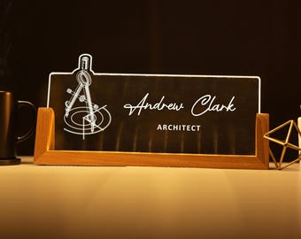 Personalized Architect Desk Name Plate Custom Architecture LED Light Wooden Base Acrylic Office Accessories Wood Name Sign Decor Boss Gift
