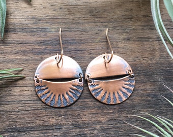 Copper Forest. Pine Tree Copper Earrings. Half Moon Chandelier design. Hammered pine tree jewelry. Copper 14k Rose Gold fill. Forest Goddess