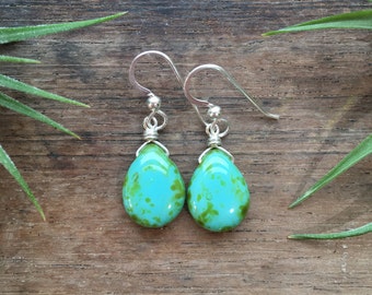 Rustic Turquoise. Boho Czech glass drops in Sterling Silver or 14k yellow gold fill. Picasso finish. Rustic glass drops. Blue green teardrop