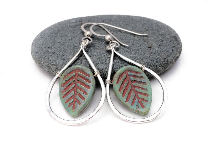Adirondack Jewelry Sterling Silver and Bohemian Czech Glass Painted Leaves. Green Rustic Leaves Autumnal Jewelry Fall Foliage Earrings