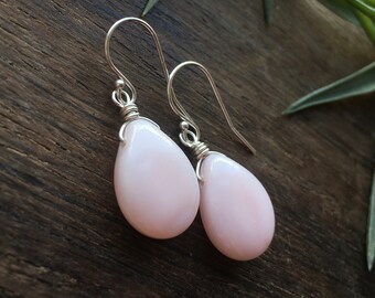 Pink Opal Glass Drops. Sterling silver. Pale pink teardrops. Bohemian Czech glass pink earrings.