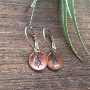 Mini Copper Pine Trees. Sterling silver lever back hooks. Rustica Collection. Rustic copper. Stamped Pine Tree earrings. Earth girl designs