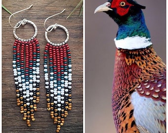 Mini Pheasant. Beaded fringe earrings.Sterling and gold hoops with fringe. Pheasant colors. Rustic fall colors. Red green black white fringe