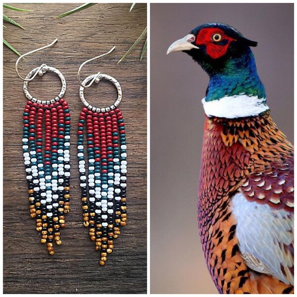 Mini Pheasant. Beaded fringe earrings.Sterling and gold hoops with fringe. Pheasant colors. Rustic fall colors. Red green black white fringe