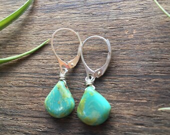 Mini Rustic Turquoise. Sterling Silver Czech glass earrings. Sterling silver lever back hooks. Picasso turquoise. Blue green drops.