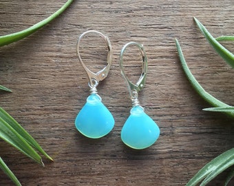 Mini Aqua Drops. Sterling silver lever back hooks. Milky Aqua drops. Bright Aqua ocean water colors. Semi transparent blue glow teardrops.