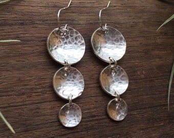 Sterling Silver Three Tiered Hammered Discs. Chandelier Hammered Earrings. Sterling Silver.  Gradation Dangle.