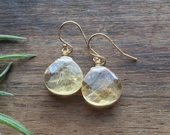 Citrine Briolettes. Sterling silver or 14k gold filled. Natural Citrine earrings. Pale yellow gemstone crystal earrings. Citrine jewelry.