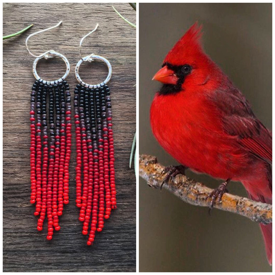 The Cardinal. Red Beaded Fringe Bird Inspired Earrings. Sterling Silver