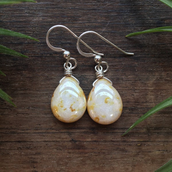 Vintage Pearl. Boho Czech glass drops. Sterling Silver or 14k gold fill. Puffy teardrop. Picasso Czech glass warm luster. Rustic pearl.