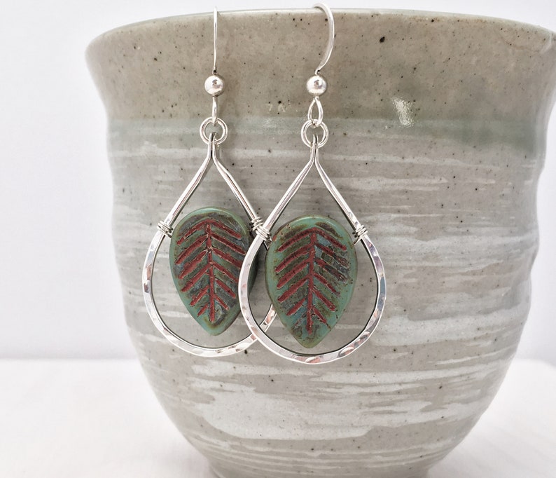 Adirondack Jewelry Sterling Silver and Bohemian Czech Glass Painted Leaves. Green Rustic Leaves Autumnal Jewelry Fall Foliage Earrings