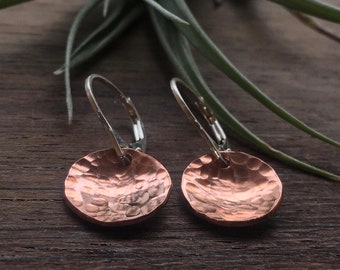 Hammered Copper Bowls. Sterling silver hooks. Rustica collection. Rustic Adirondack girl earrings. Rose gold copper earrings. Simple rustic