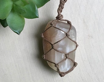 Moonstone Pendant Necklace - Moonstone Necklace - Hemp Wrapped Stone - Boho Crystal Jewelry - Healing Crystal Necklace Hippie Style Necklace
