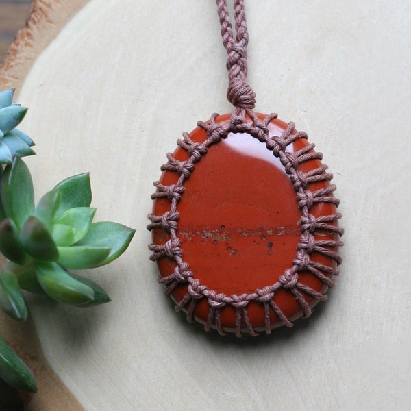 Red Jasper Chakra Crystal Necklace - Hemp Wrapped Stone Jewelry - Jasper Pendant - Crystal Jewelry - Hippie Style Necklace - Earthy Macrame