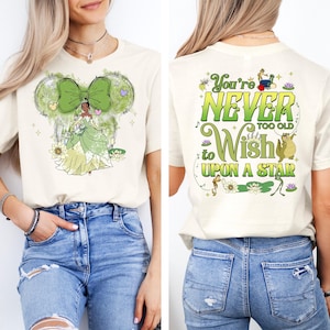 Camiseta de Tiana "Nunca eres demasiado viejo para pedir un deseo a una estrella" (doble cara), camiseta de La princesa y el sapo, camiseta del castillo de Disneyland, conjunto divertido con mensaje.