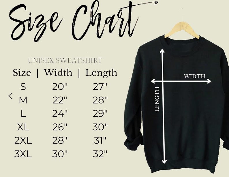 K&ouml;nnte beinhalten: Ein schwarzes Unisex-Sweatshirt auf einem Holzb&uuml;gel. Das Bild zeigt eine Gr&ouml;&szlig;entabelle mit Breiten- und L&auml;ngenma&szlig;en in Zoll, von Gr&ouml;&szlig;e S bis 3XL. Der Text "Size Chart" befindet sich oben.
