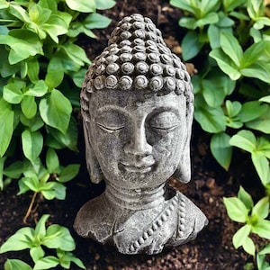 Rustic Concrete Buddha Sculpture - Yoga Lawn Art, Concrete Sculpture, Cement Buddhist Ornament, Zen Garden, Buddha Head, Stone Buddha