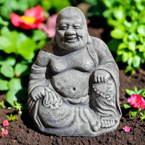 Laughing Buddha Statue for Garden, Concrete Zen Sculpture, Handmade Outdoor Decor, Rustic Buddhist Ornament, Lawn Art, Zen, Happy Buddha