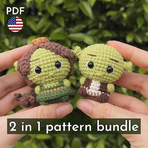 May include: Two small, crocheted figures, one green and one brown, are held in front of a green background. The green figure has large black eyes and ears. The brown figure has a brown hair-like design. The text "2 in 1 pattern bundle" is at the bottom.