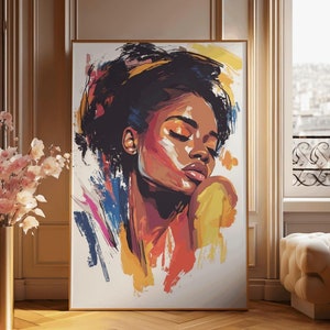 May include: Abstract painting of a woman with closed eyes, featuring a colorful palette of yellow, orange, blue, and pink. The woman's face is the focal point of the painting, with her eyes closed and her head tilted slightly to the side.
