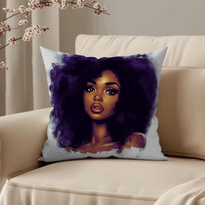 Purple Afro Art Pillow: Black Woman Throw Cushion, Afrocentric Decor
