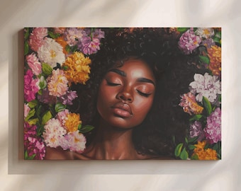 Afrocentric Floral Black Woman Portrait With Beautiful Flowers Wall Art For Modern Interior Wall Art Gift Idea For Flower Lover Valenties