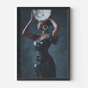 May include: A framed painting depicts a woman in a black dress, holding a moon above her head. The artwork features a dark, textured background and the woman is wearing large hoop earrings. The painting is a portrait.