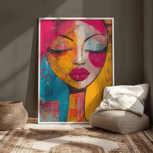 Pink woman portrait art modern afrocentric wall decor powerful feminine artwork textured wall art for home office abstract art print gift