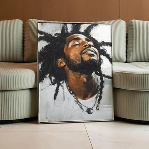May include: A framed painting of a person with dreadlocks, wearing a white shirt and a silver necklace. The person has brown skin and is looking up with their eyes closed.