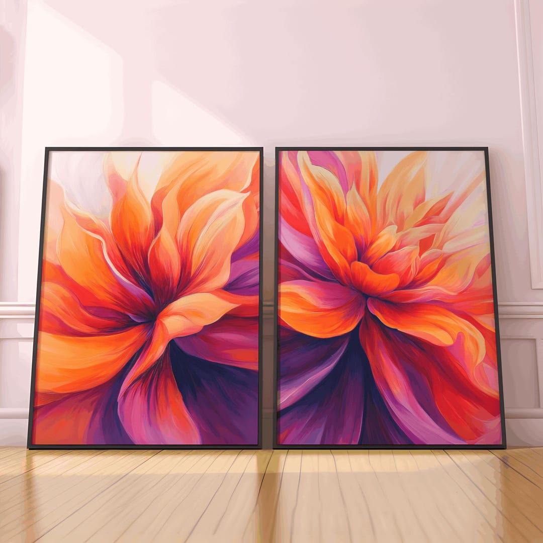 Abstract Floral Red Wall Art Set of 2 Orange Purple Flower Print Modern ...