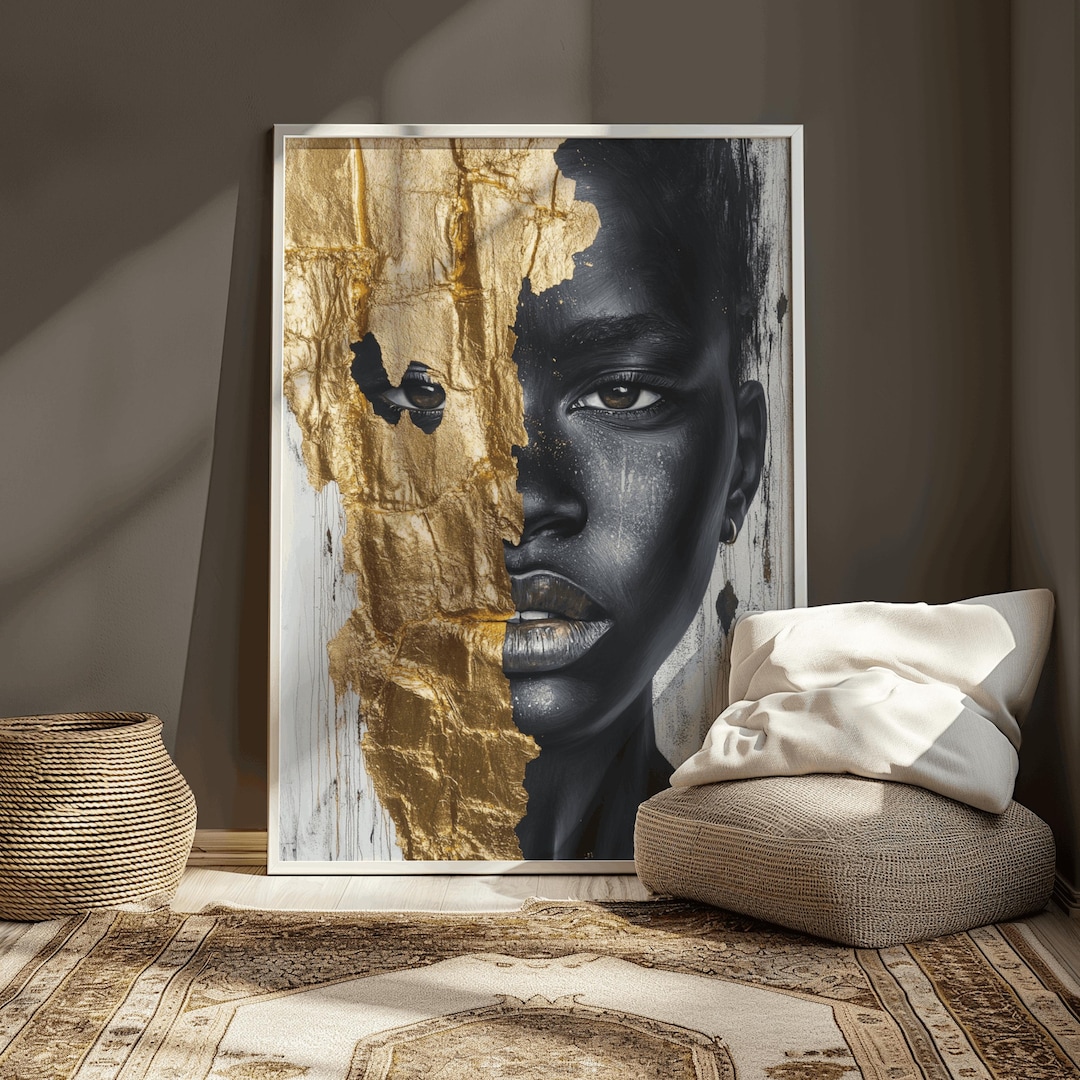 Black and Gold Abstract Portrait Modern Luxury Wall Art Elegant African ...