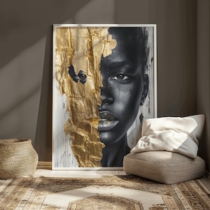 Black and gold abstract portrait modern luxury wall art elegant African woman decor glam minimalist painting contemporary fashion print gift