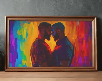 Black Gay Couple Wall Art Colorful LGBTQ+ Pride Home Decor Painting of Two Men in Love African American Black Love Art Anniversary Gift