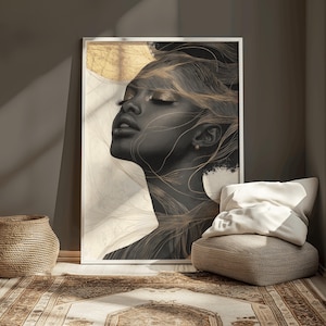 Gold Line Black Woman Afro Art Print Elegant Afrocentric Minimalist Wall Decor Luxury Natural Hair Wall Art Neutral Color Contemporary