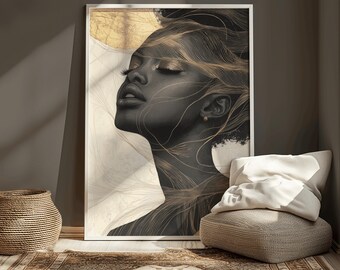 Gold Line Black Woman Afro Art Print Elegant Afrocentric Minimalist Wall Decor Luxury Natural Hair Wall Art Neutral Color Contemporary