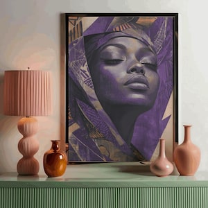 african woman wall art canvas print purple gold abstract art ethnic home decor afrocentric artwork modern african queen decor