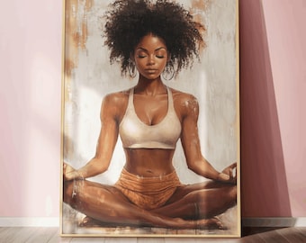 Black woman meditation wall art yoga mindfulness decor peaceful spiritual artwork self care aesthetic wellness neutral tone print gift for
