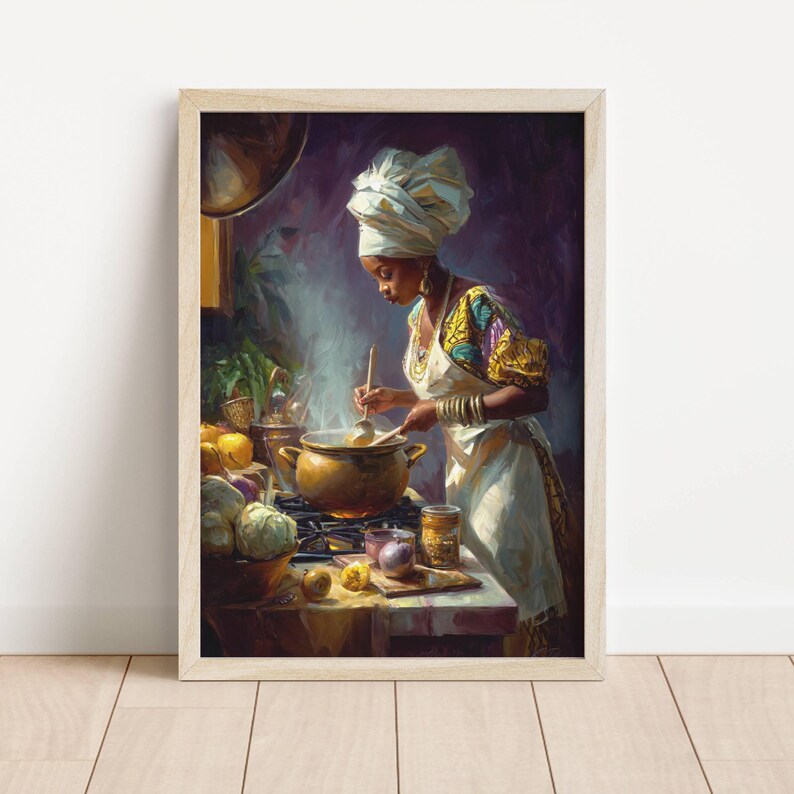 May include: A framed print of a woman cooking in a kitchen. She wears a white head wrap, apron, and colorful patterned sleeves. A pot steams on the stove, and various fruits and vegetables are on the counter. The artwork has a warm, inviting color palette.